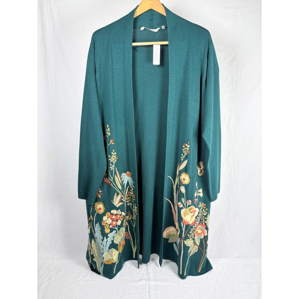 Soft Surroundings Teal Floral Embroidered Wool Blend Duster Cardigan 1X NWT